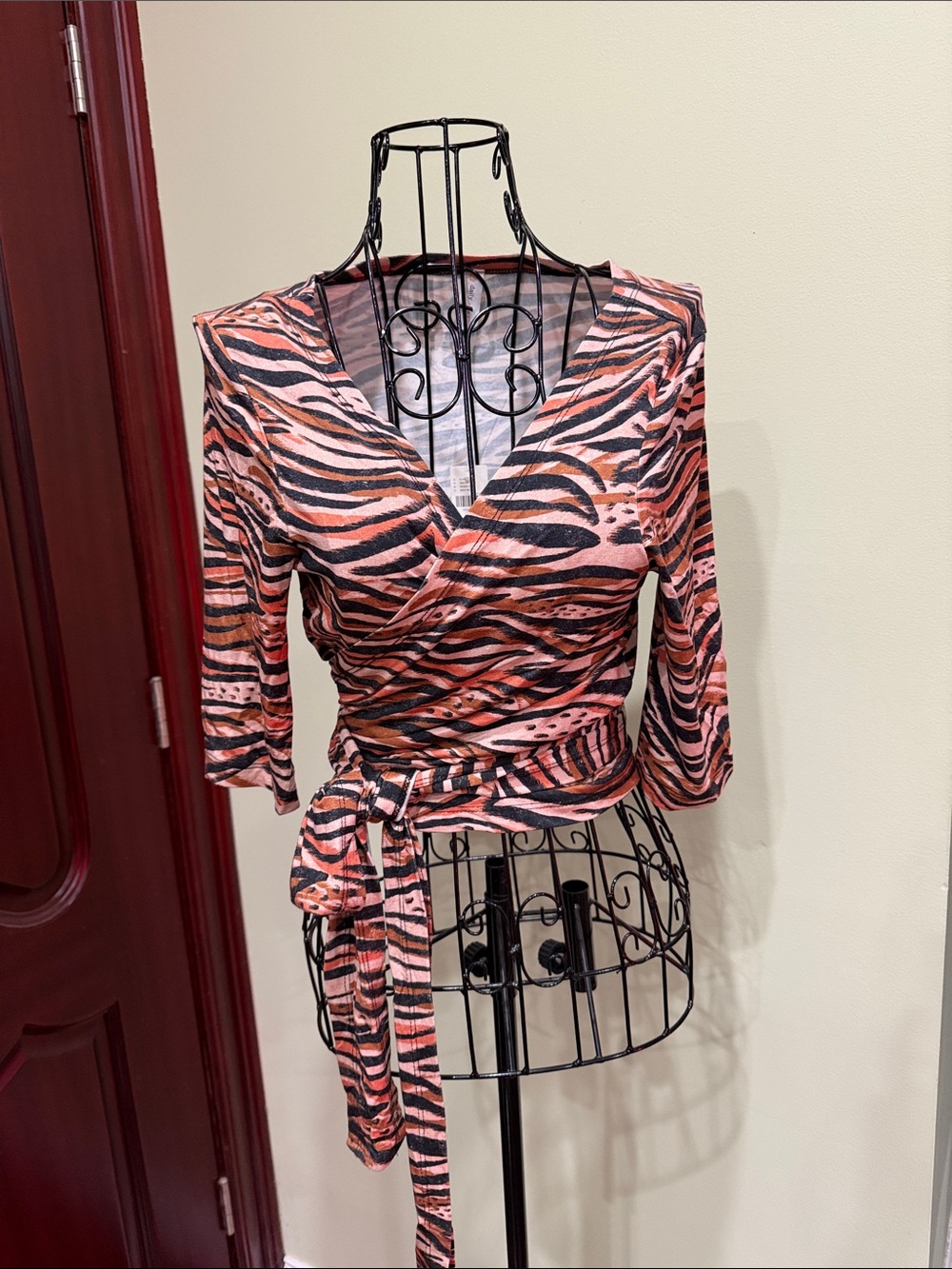 Tie-Waist Wrap Blouse in Coral Zebra Print